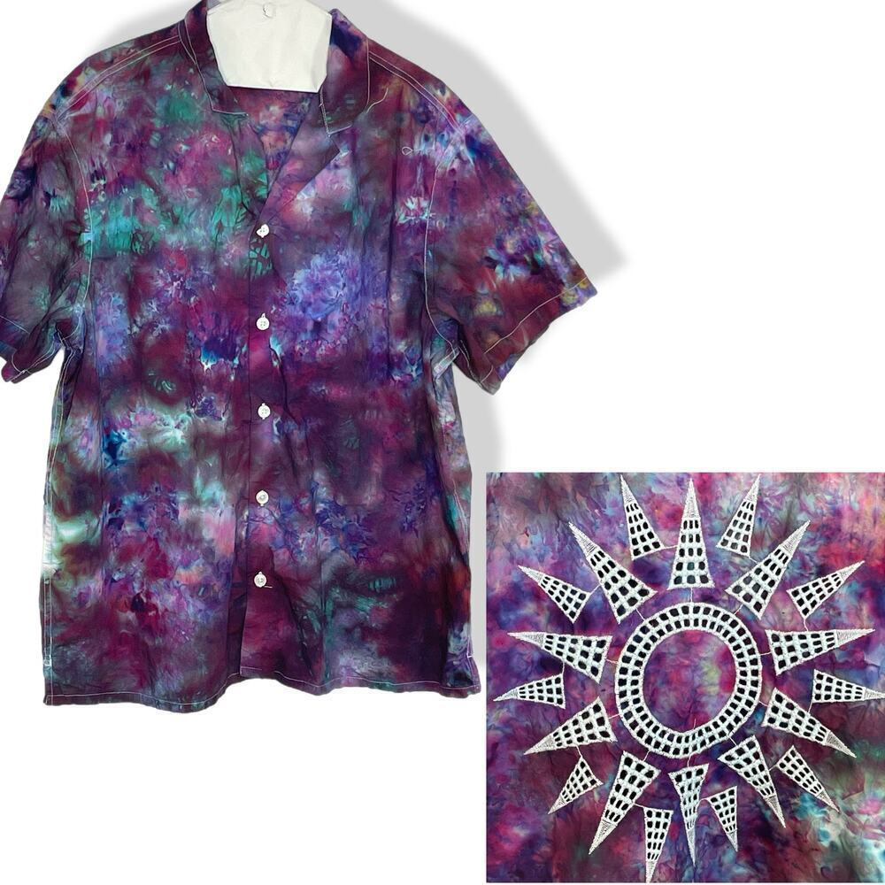 handmade tie dye unisex short sleeve camp shirt purple blue maroon star sunburst